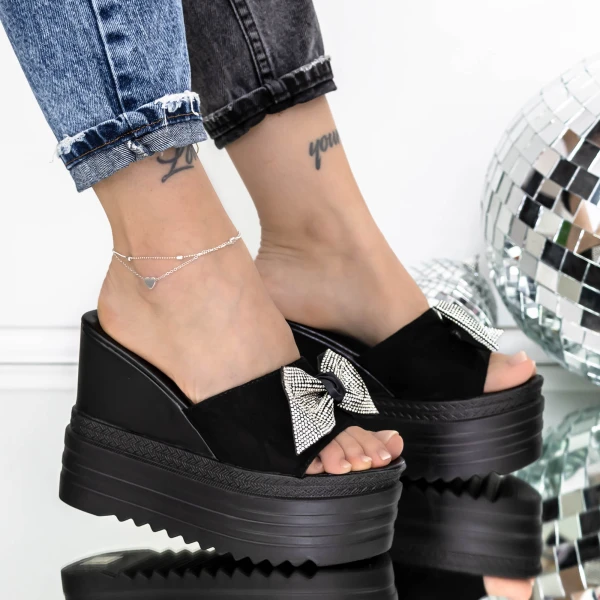 Női platform papucs 3AW313 Fekete-Fehér » MeiShoes.ro